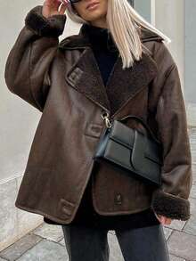 Chaqueta suelta con cuello de piel sintética marrón Maillard de unicolor para mujer, adecuada para uso diario y diversas ocasiones, otoño/invierno - Café integral - Ver 9