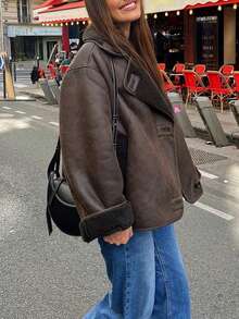 Chaqueta suelta con cuello de piel sintética marrón Maillard de unicolor para mujer, adecuada para uso diario y diversas ocasiones, otoño/invierno - Café integral - Ver 6