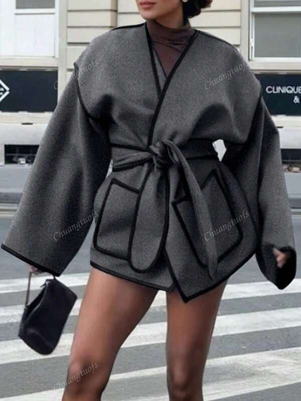 Autumn/Winter Ladies' Casual Woolen Coat With Contrasting Colors, Elegant Clothes, Fashion And Warmth.