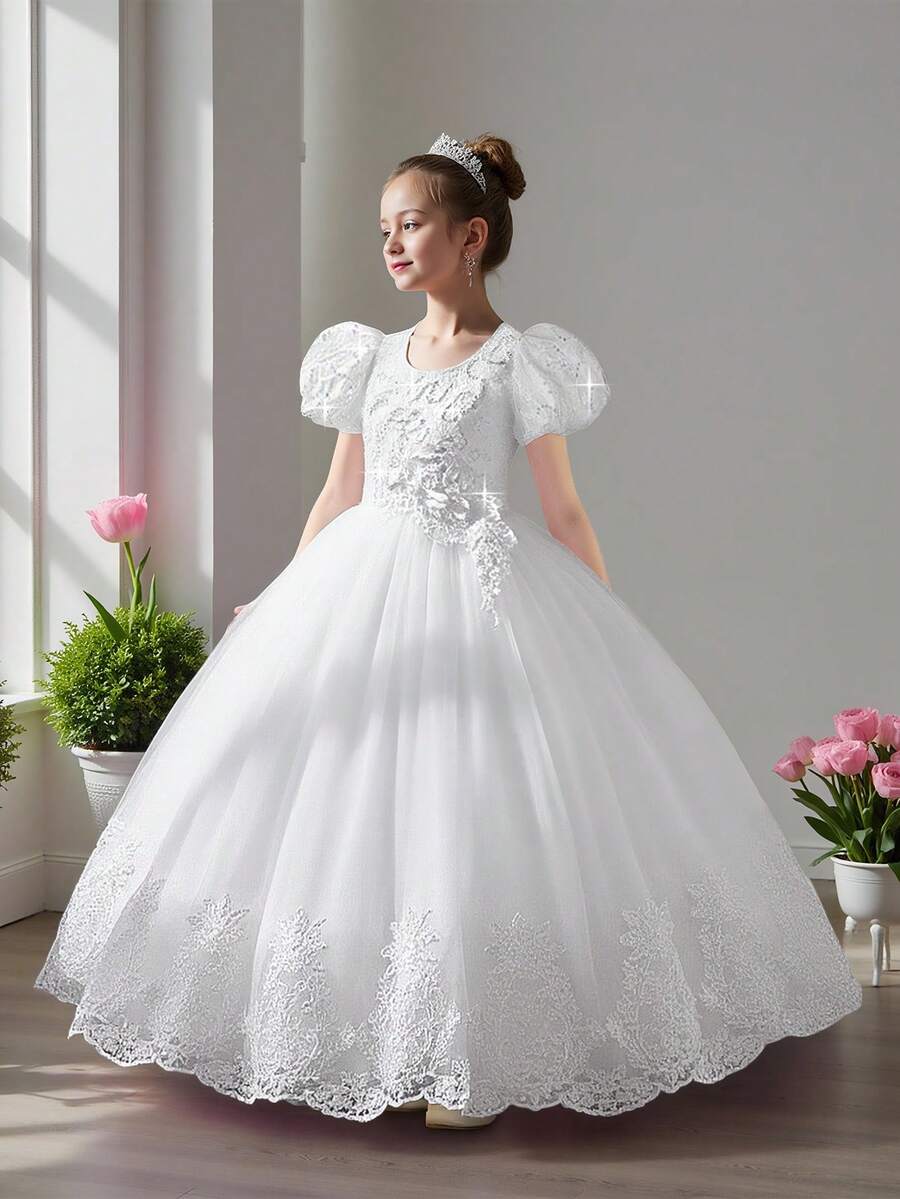 Young Girls Floral Embroidered Mesh Party Dress, Suitable For Banquet, Birthday Celebration, Does Not Include Headband - White - View 1