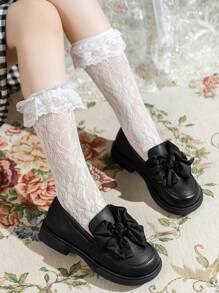 A Pair Of Loafers Decorated With Bows, Fashionable Flat Shoes--Go Back To School; Black Shoes; Girls' School Shoes; Girls' Toddler Shoes; Children's Girls' Shoes; Girl's Shoes.