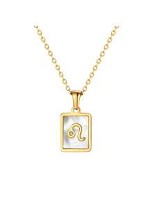 TONSI 1pc Stainless Steel Square Seashell Zodiac Pendant Necklace, Versatile Design Suitable For Women - Yellow Gold - View 21