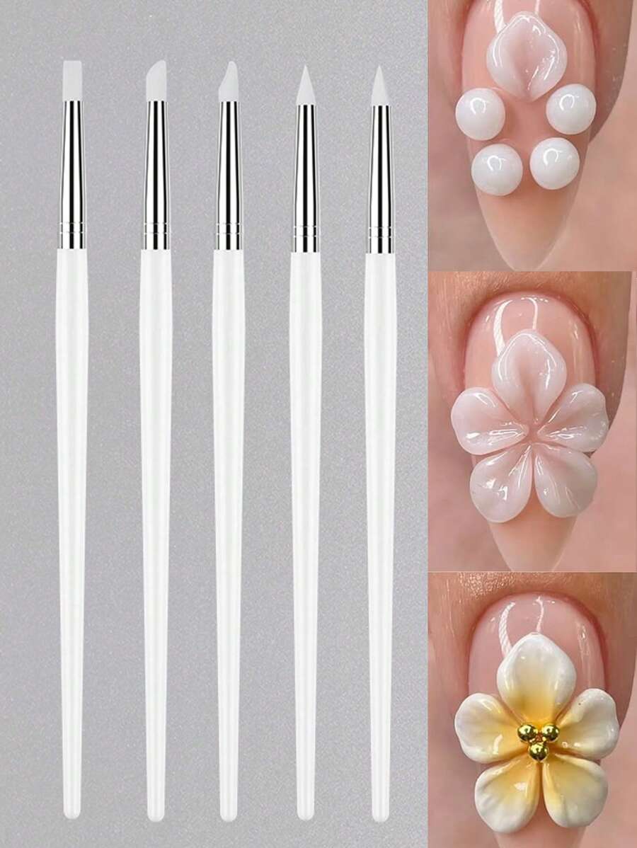 5Pcs Clear Dual Ended Rhinestone Nail Art Silicone Pen Sculpture Pen For Acrylic 3D Flower Carving Shaping Dotting Nail Tool Manicure Brush