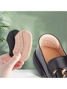 2pcs Self-Adhesive Heel Pads In Beige, Black And Brown - Hypoallergenic Polyester Fiber Anti-Slip And Blister Inserts For Oversized Shoes - Multicolor - View 7