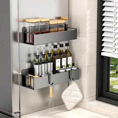 2-Pack Metal Magnetic Spice Storage Set - Heavy-Duty Multi-Purpose Organizer For Fridge, Freezer & Washing Machine, Tool-Free Install, Rust-Resistant Black Finish - Thoughtful Gift For Mom