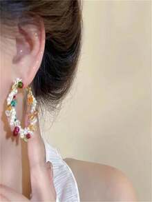 Colorblock Summer ~ Multicolor Pearl Wrapped Ear Clip, Unique Design Exaggerated Earrings, Colorful Dopamine Ear Decorations For Women