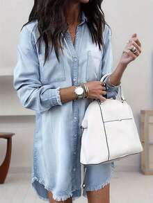 2025 New Women's Casual Shirt Dress With Fringe Hem - Long Sleeve Knee-Length Button-Front Dress, Washable Versatile Style Spring & Fall, Regular Fit, Dress - 藍色 - 查看 1