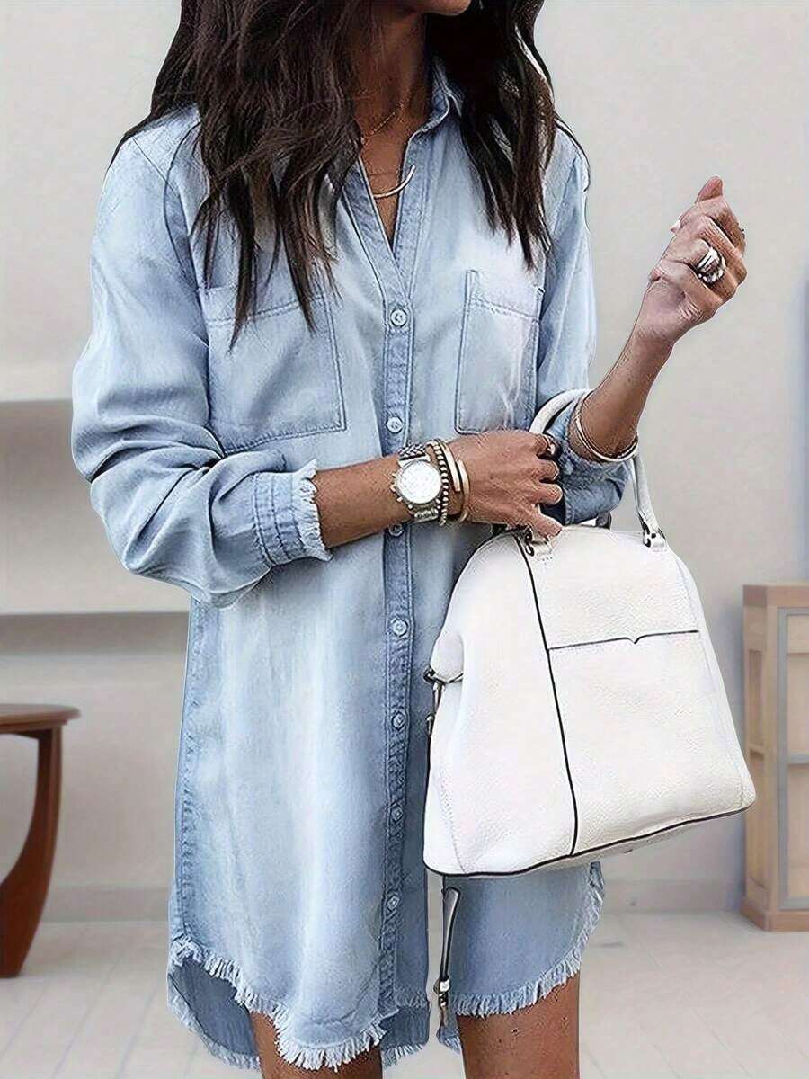 2025 New Women's Casual Shirt Dress With Fringe Hem - Long Sleeve Knee-Length Button-Front Dress, Washable Versatile Style Spring & Fall, Regular Fit, Dress - 藍色 - 查看 1