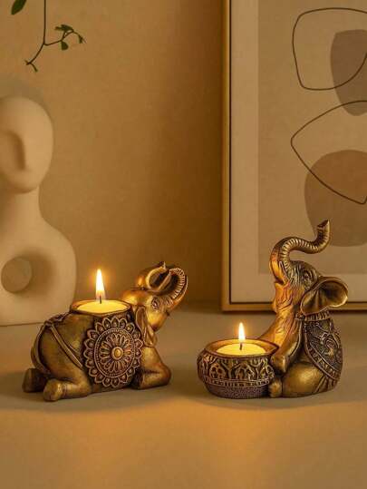 1 Stück vintage goldener Elefanten Kerzenhalter - sitzend oder liegend skulptierte Figur, dekorativer Teelichthalter für Schlafzimmer, Wohnzimmer, als Abschluss- oder Einweihungsgeschenk