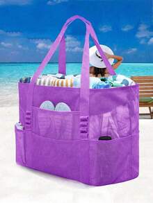 Mesh Beach Bag Large Beach Tote Bag, Multi-Use Organizer With Zipper Closure, Foldable Handy Large Mesh Tote Bag Lightweight For Family Beach Bag For Toys & Vacation Essentials, Suitable For Teen Girls Women College StudentsHoliday,Beach,Vacation,Outdoors, Travel, Outings - Multicolor - View 2