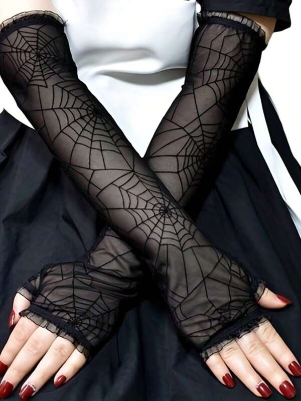 1 Pair Halloween Black Lace Spider Web Fingerless Gloves Halloween Costume Decoration Accessories Gothic Women's Gloves Breathable Polyester Cosplay Accessories Gloves
