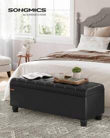 Storage Ottoman, Storage Bench, Tufted Entryway Bedroom Bench, 17.7 X 46.5 X 17.7 Inches, Hinges Easy Lid Operation, Wooden Legs, Synthetic Leather, Loads 330 Lb, Classic Black ULOM071B01,8059554 - 淺藍色 - 查看 6
