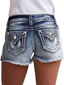 Woman Shorts Jeans Mid Waisted Stretchy Ripped Denim Shorts Raw Hem Curvy Mid Waisted Stretchy Ripped Denim Shorts Raw Hem Curvy - Màu xanh lam - Xem 6
