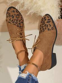 女式复古豹纹乐福鞋，配有抽绳鞋带，防滑 PVC 鞋底，四季舒适，复古风格休闲鞋 - 棕色 - 查看 3