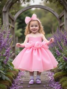 婴儿优雅连衣裙，纯色3D立体花卉缎面网纱面料，适合外出、户外活动、生日派对等场合，附赠发带 - 粉色 - 查看 4