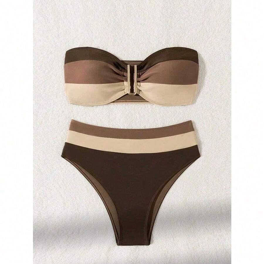 Women's High-Waist Bikini Set – Neutral Bandeau Top With Metal Accent, Stylish And Flattering Beach Swimwear,Slim Fit Runs Small Recommend Order One Size Up, Tummy Control Waist Ruched Cinching, Swimwear For Beach Vacation & Pool Party - 棕色 - 查看 1