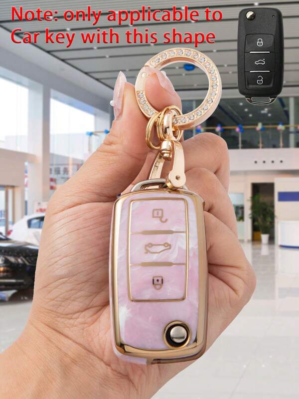 Volkswagen Auto Schlüssel Hülle Schutzhülle + Gold Strass Schlüsselanhänger Mit Schraubenzieher Set, Kompatibel Mit Volkswagen 3-tasten Klappbaren Auto Schlüssel