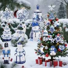 10/20 Stück Holz Weihnachtsdekoration, blau & weiß Porzellan Hängedekoration - Vögel, Bäume, Schneeflocken, Hirsche, für Weihnachtsbaum, Heim- und Raumdekoration im Winter