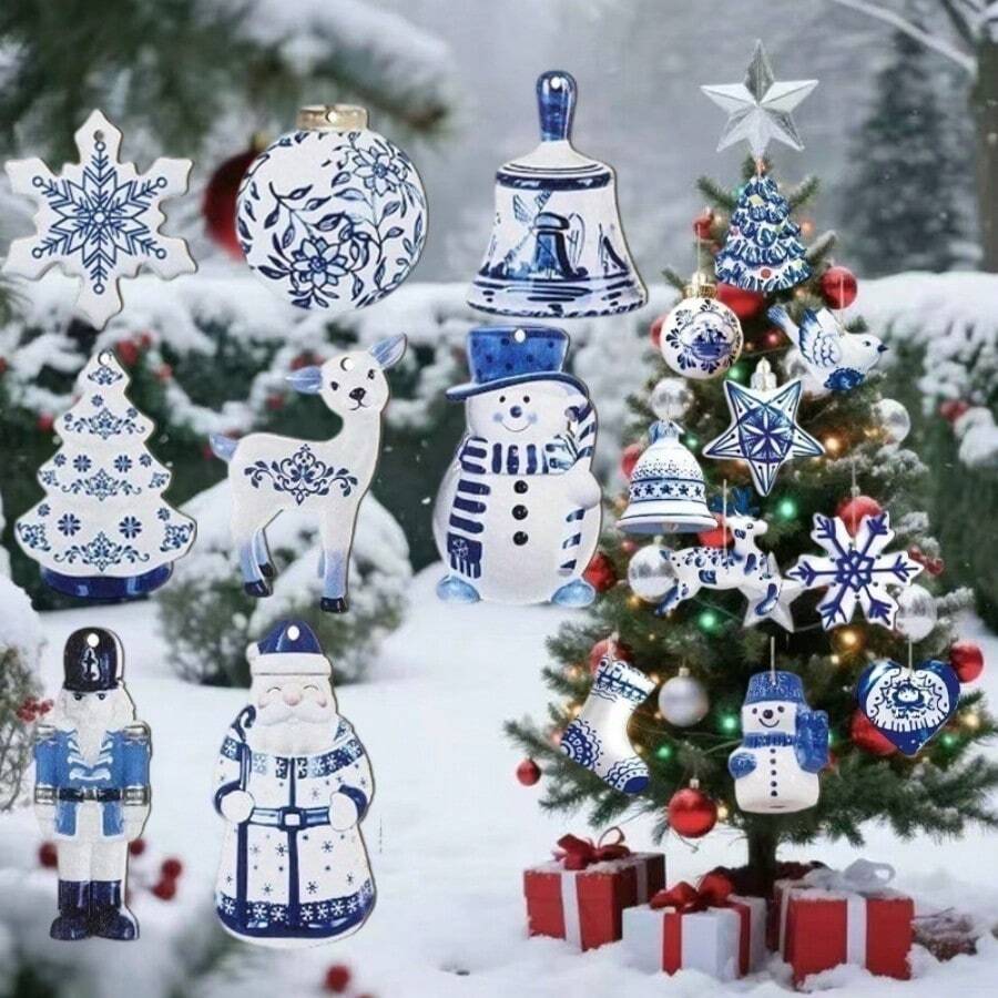 10/20 Stück Holz Weihnachtsdekoration, blau & weiß Porzellan Hängedekoration - Vögel, Bäume, Schneeflocken, Hirsche, für Weihnachtsbaum, Heim- und Raumdekoration im Winter