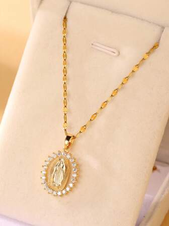 1 件金色圣母玛利亚吊坠项链，采用空心椭圆形设计，镶嵌方晶锆石，简约宗教配饰和不锈钢项链，适合女性在婚礼和派对上日常佩戴