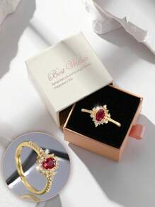 Elegant CZ Women's Gold Ring, Pomegranate Red Cubic Zirconia Jewelry Suitable For Wedding, Engagement, Holiday Gifts