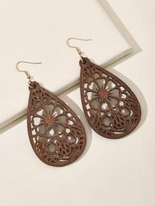 1 对水滴形几何雕刻木质休闲百搭女士耳环 - 棕色4 - 查看 3