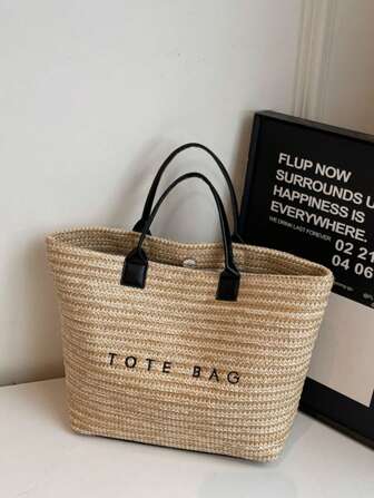 新款时尚纯色字母草编手提包，容量大，适合度假，购物，日常使用，学院风，优雅甜美风，沙滩包，欧美日韩风，女士手提包，度假日沙滩包，大容量草编手提包，休闲编织单肩包，购物袋，妈妈包，女士礼物