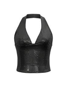 女士夏季性感优雅派对亮片吊带上衣 - 黑色 - 查看 7