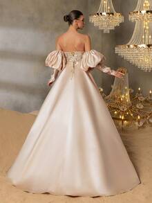 Faeriesty Abito da sera elegante con maniche a palloncino, orlo a sirena, raso con strascico, decorato con paillettes, adatto per eventi da red carpet, grandi gale, ricevimenti, banchetti e cerimonie - Champagne - Visualizzare 2