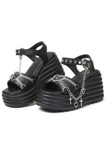 Y2K Style New Spring/Summer Slope Heel Thick Bottom Women's Fashion Sandals Slippers Comfortable Casual Shoes Women's Gothic Style Cross Chain Detail Platform Sandals - 黑色 - 查看 9
