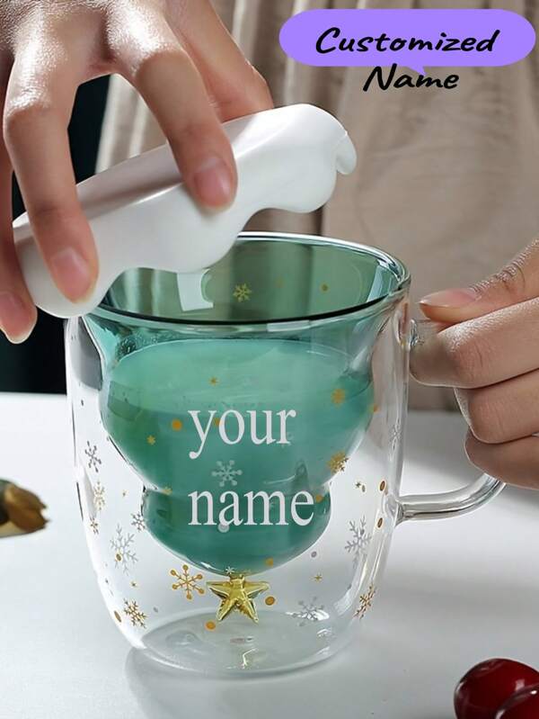 1pc Personalized Dual Layer Glass Christmas Tree Cup With Lid And Handle, Customizable With Your Name - High Borosilicate Glass, Suitable For Milk/Coffee And Holiday Drinks/Cold & Hot Beverages, Snowflake And Star Design, Reusable, Lead-Free, Suitable For Office And Home Use