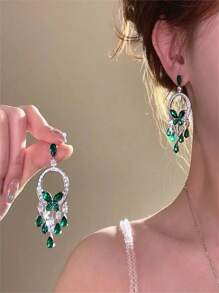 Exaggerated Green Butterfly Crystal Tasseled Earrings, Elegant Luxury Party Formal Dress Accessory