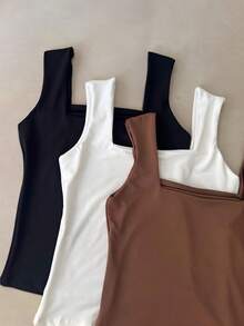 Kit 3 Tank Tops Square Neckline Straight Casual Black White Nude - 黑色 白色 棕色 - 查看 3