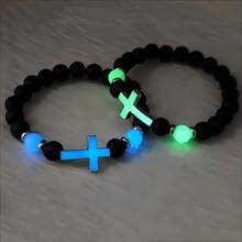 PHCOO 1 件发光十字架串珠手链，时尚男士熔岩石夜光十字串珠手链，多色发光十字串珠手链 - 彩色 - 查看 1