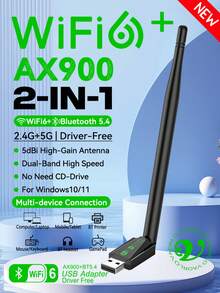 KZ Adaptor USB AX900 WIFI6 2-in-1 Bluetooth 5.4 Dual Band 2.4G & 5GHz 900Mbps WiFi 6 802.11AX Kartu Jaringan Nirkabel Kecepatan Tinggi Penerima Dongle, 4 Antena, Port USB3.0, Kompatibel dengan PC/Laptop, Windows 10/11, Pasang dan Mainkan - Hitam - View 1
