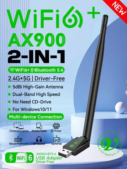 KZ AX900 WIFI6 USB Adapter 2 IN 1 Bluetooth 5.4 Dual Band 2.4G&5GHz 900Mbps WiFi 6 802.11AX High-Speed Wireless Network Card Receiver Dongle 4 Antennas USB3.0 For PC Laptop WIN 10/11 Driver Free