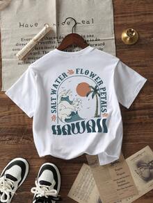 Tween Girls' Casual White Round-Neck Pullover Short Sleeve T-Shirt With Printed Pattern, Summer - White - View 1