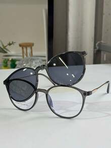 Women's Clip-On 2 In 1 Round Small Size Polarized Lens Eyeglasses Frame PZ948 - 淺灰色 - 查看 2