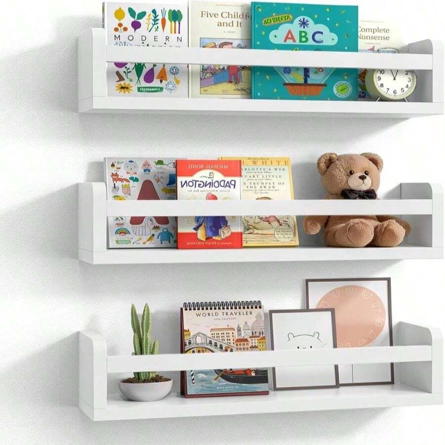 Lizgaho Floating Wall Nursery Book Shelves For Bedrooms Kids 24 Inch White Wooden Baby Book Shelf For Kids Rooms Set Of 3 Nursery Shelves For Wall Mounted Honey Stain Toddler Bookshelf For Kids Wall