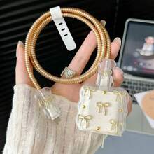 5pcs Small Light Pink/Purple Bow Heart/Gold Bow/Cherry And White Pearl Design 20W/18W Phone Charger Set, Charging Cable Protector, Charging Head Protector Case, Compatible With Apple Charger - Gold - View 3