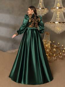 Faeriesty Curve Plus Satin A-Line Evening Gown With High Neckline, Puff Sleeves & Black-Gold Sequin Embroidery, Flowing Floor-Length Skirt | Luxurious Vintage-Inspired Formal Design | Perfect For Weddings, Evening Galas, Red-Carpet Events, And Formal Dinners​