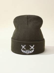Bonnet tricoté unisexe avec expression mignonne/maléfique brodée, polyvalent