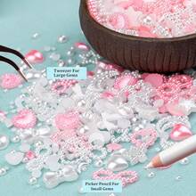 600Pcs 3D Multi Shapes Nail Charms And Flatback Pearls, White Mix Styles Heart Bow Sunflower Embellishments Nail Art, And Decoration With Glue Gel, Tweezer And Pickup Pencil - Bộ 1 - Trắng & Hồng + Keo dán - Xem 6