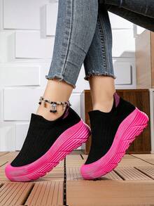 Women's Platform Sneakers Black With Pink Sole, Chunky Comfortable Athletic Shoes, Fashion Casual Walking Shoes With Ankle Chain - Perfect Gift Idea - 黑玫紅 - 查看 1