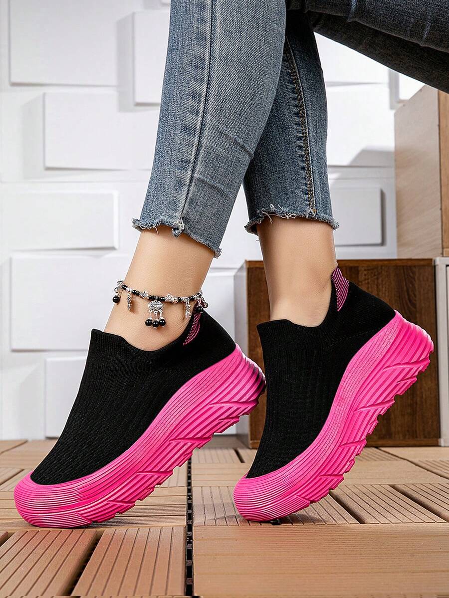 Women's Platform Sneakers Black With Pink Sole, Chunky Comfortable Athletic Shoes, Fashion Casual Walking Shoes With Ankle Chain - Perfect Gift Idea - 黑玫紅 - 查看 1