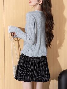 Alicedudu 女士优雅蕾丝花边圆领针织开衫，秋冬 - 灰 - 查看 3