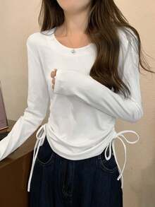 早春韩版修身抽绳圆领长袖T恤，百搭女式衬衫 - 白色 - 查看 6
