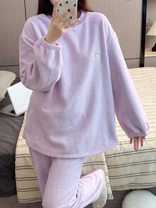 2pcs Women Solid Color Flannel Crew Neck Long Sleeve Top And Long Pants, Minimalist Stylish Loungewear, Suitable For Outerwear, Cozy Winter Clothes, Fluffy