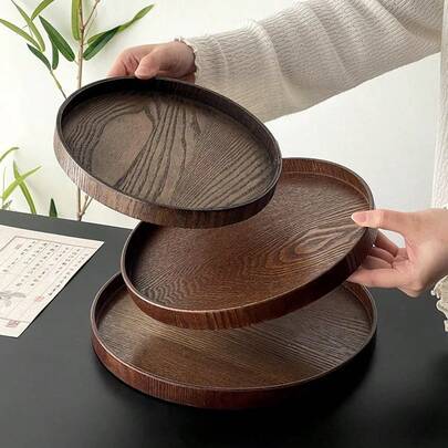 1pc Circular Wooden Premium Tray, Suitable For Serving Food, Snacks, Beverages, Sushi, Steak, Pizza, Desserts, Cakes, Breads, Breakfast Tray, Coffee Tray, Tea Tray, Cold Cut Platter