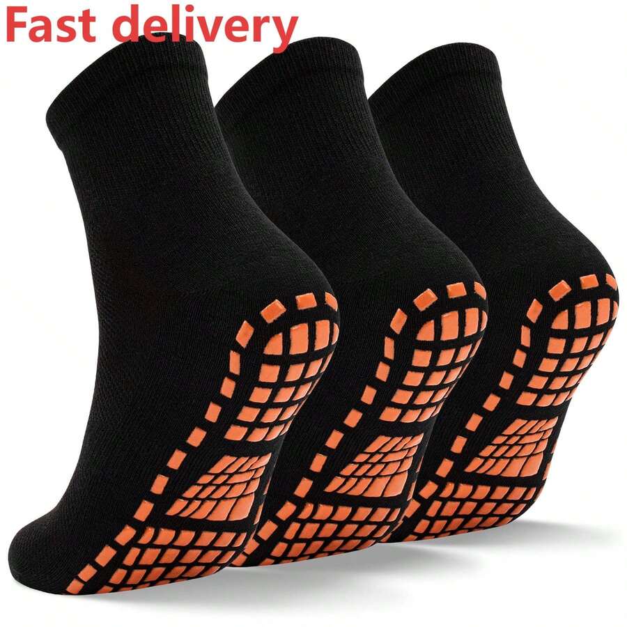 Men Grips Socks Non Slip Sticky 3 Pairs Tile Wood Floors Anti-Skid Pilates Yoga Barre Hospital Slipper Socks - 黑色+黑色+黑色 - 查看 1